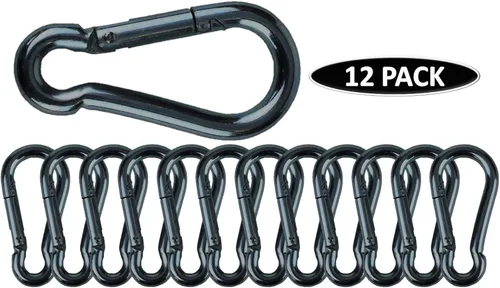 Vista 2 de Mosquetones Bushcraft de Servicio Pesado Galvanizados en Zinc Negro y Plateado con Resorte y Clip de Enganche Rápido, Capacidad de Carga 200-500 lb