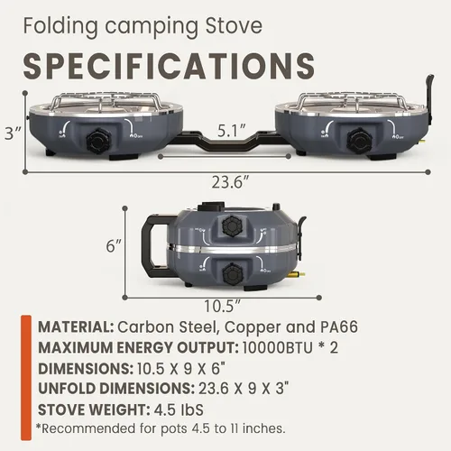 Vista 6 de Cofiyard Estufa de campamento de propano de 2 quemadores de 20,000 BTUs, estufa de campamento plegable portátil con quemadores ajustables, encendido