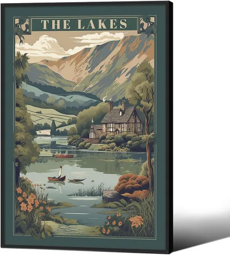 Vista 16 de Póster de paisaje campestre y lago, arte de pared de paisaje de naturaleza otoñal, 08 x 10 pulgadas, marco negro, pintura al óleo vintage de otoño