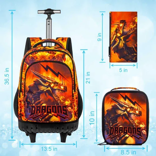 Vista 5 de ZLYERT Mochila con ruedas para mujeres y hombres, mochila con ruedas para niñas y niños, mochila de viaje para adultos, Gragon de Fuego