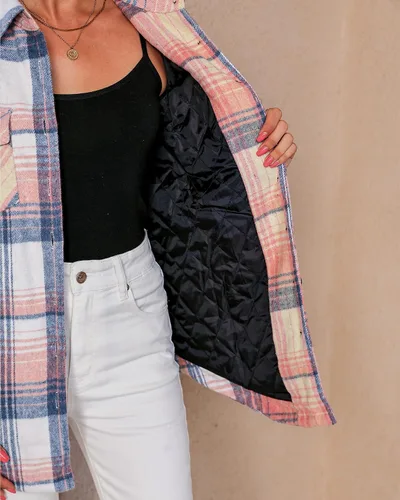 Vista 6 de luvamia Chaquetas a cuadros para mujer, de franela, acolchadas, de gran tamaño, con botones