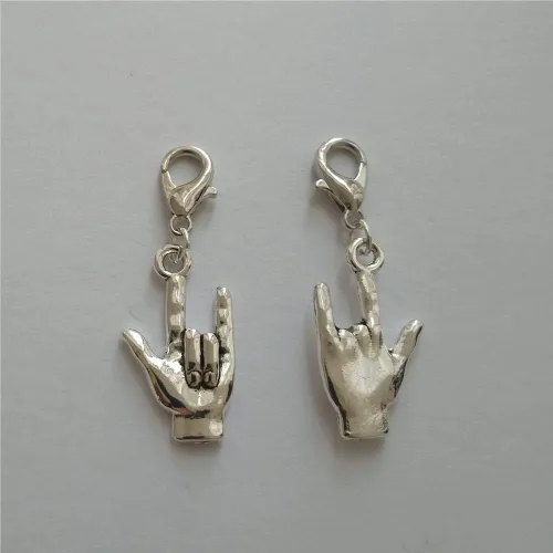 Vista 4 de 3 piezas I Love You Clip on Charm Zipper Pull, ASL Charm, Gesture Hand Pendant, Color Plata Antiguo