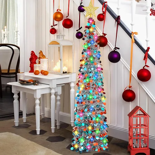 Vista 8 de RACPNEL Árbol de Navidad de oropel desplegable de 5 pies con luces LED, lentejuelas, adorno de árbol, árbol de Navidad plegable artificial
