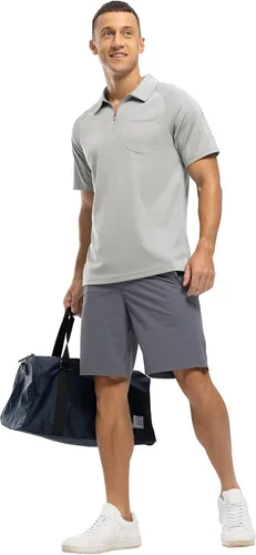 Vista 6 de BASUDAM Polo con cremallera para hombre, de secado rápido, manga corta, atlético, al aire libre, con bolsillo