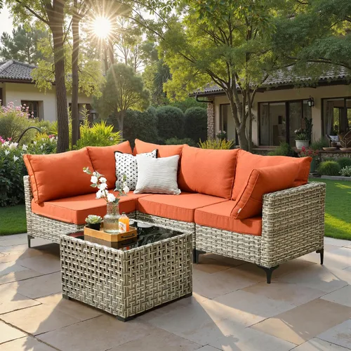 Vista 47 de ovios Muebles de patio de 8 piezas con hoguera, juego de conversación de mimbre de ratán para exteriores con mesa de centro brillante, cómodo sofá