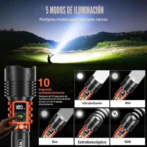 Vista 5 de Wdtpro Linternas LED Recargables de Alto Lúmenes, Linterna Recargable Súper Brillante de 90,000LM con Pantalla LCD, 5 Modos e Impermeable Potente