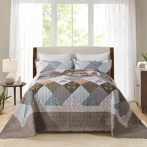 Vista 15 de Juego de cama de dos piezas, tamaño individual, de microfibra, reversible, de retazos, estilo floral, todas las estaciones, patrón de porcelana azul