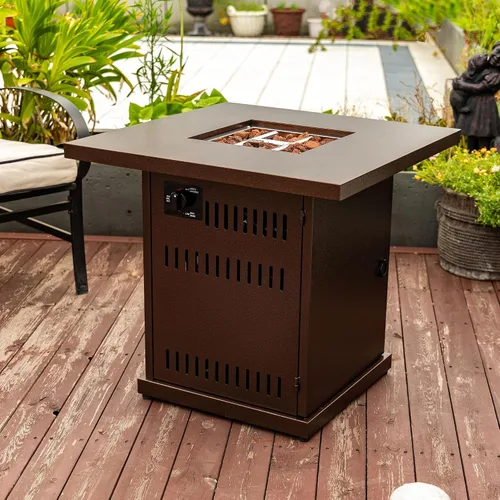 Vista 6 de Mesa para fogata de propano de 28 pulgadas, mesa de fuego de 50,000 BTU con tapa de acero, patas grandes, rocas de lava, pozo de fuego seguro