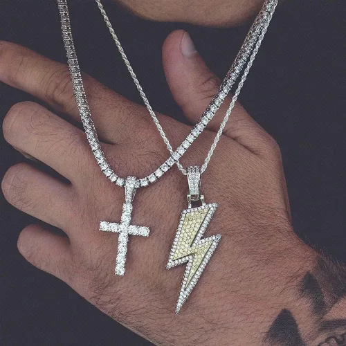 Vista 18 de JINAO Hip Hop - Colgante con diseño de rayo chapado en oro de 18 quilates con circonita cúbica con micropave de imitación de diamante para hombres