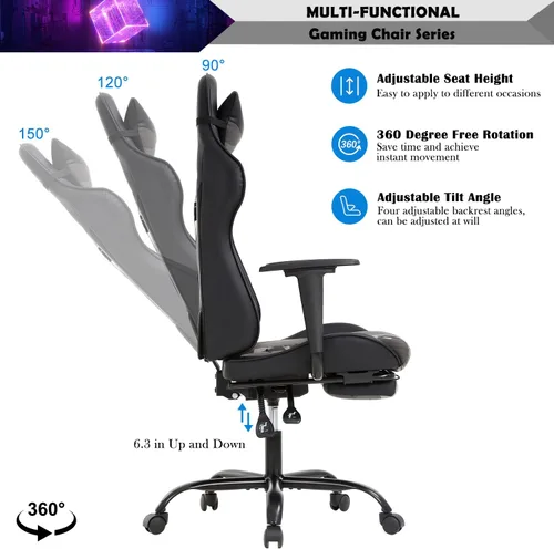 Vista 5 de Silla para videojuegos, silla reclinable de piel sintética con soporte lumbar, reposacabezas y respaldo alto, silla de oficina de carreras, silla