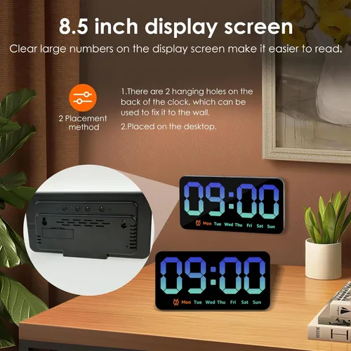 Vista 7 de Reloj de pared digital con atenuador de brillo de pantalla grande, reloj de pared digital LED con pantalla RGB, pequeño reloj de pared para sala