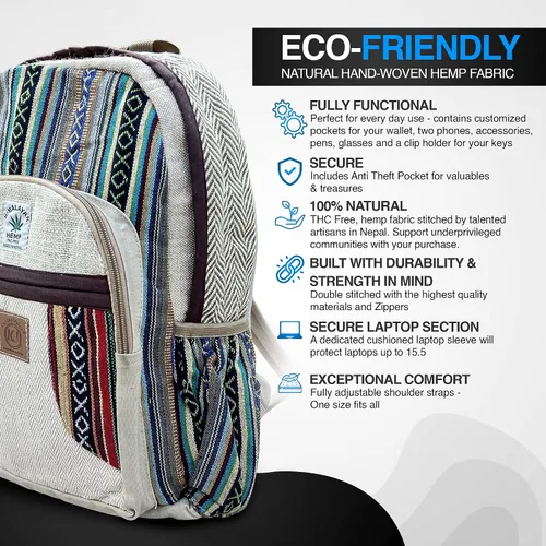 Vista 4 de Mochila Nepal de cáñamo grande hecha a mano natural con múltiples bolsillos
