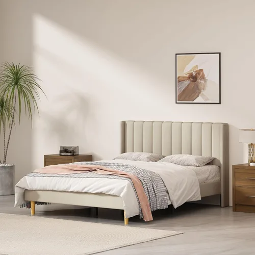 Vista 32 de Marco de cama tapizado de terciopelo individual con cabecera con respaldo de ala, color crema Cama de plataforma capitoné de canal vertical