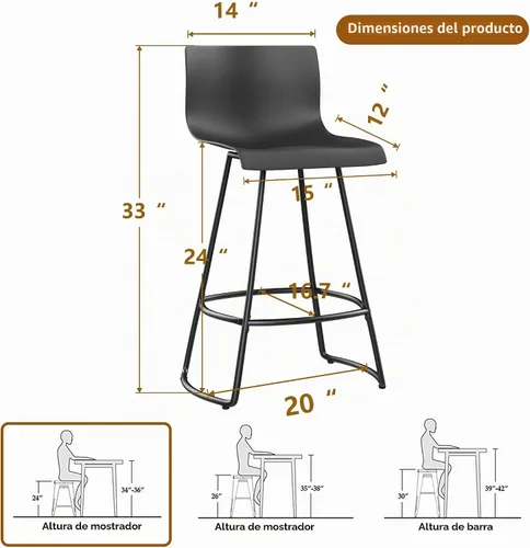Vista 2 de Juego de 4 taburetes de bar giratorios modernos de altura de mostrador con respaldo de plástico de 24 pulgadas, taburetes de altura de encimera