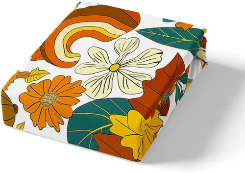 Vista 5 de Juego de sábanas ajustadas estilo 70s hippie retro para cama individual, juego vintage de otoño con hojas florales para niños y niños, juego de ropa