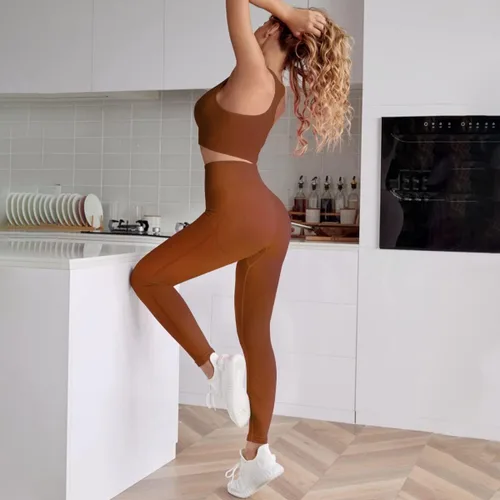Vista 3 de DYD Conjuntos de entrenamiento para mujer, 2 piezas, sin costuras, espalda cruzada, brasier deportivo, cintura alta, yoga, gimnasio, leggings