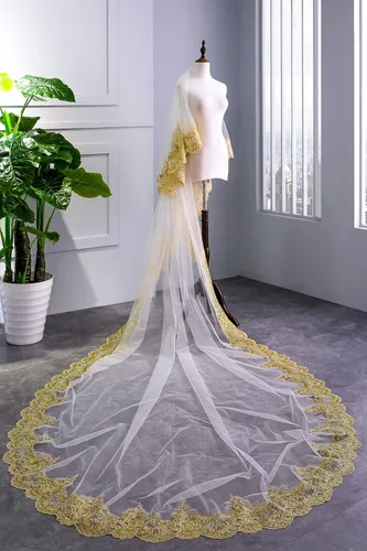 Vista 3 de elliehouse Oro Encaje de la mujer 2pisos boda nupcial velo con peine S02