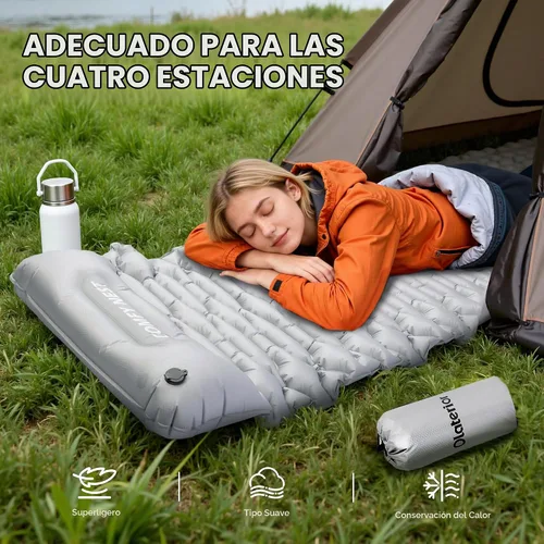 Vista 2 de Colchoneta de dormir para acampar con valor R de 4.8, alfombrilla de campamento ultraligera con almohada y bomba de pie integrada, colchoneta