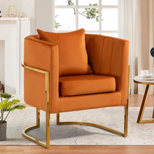 Vista 20 de Silla moderna de cuero, sillón tapizado de mediados de siglo con almohada para sala de estar, cómoda silla de tocador individual con patas doradas
