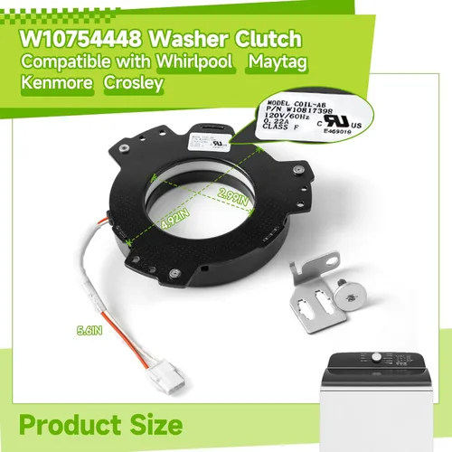 Vista 2 de W10754448 Embrague de lavadora compatible con Whirlpool Maytag Kenmore Crosley, pieza de repuesto W10447973 W10817398 W10905022 AP5956756 3452770