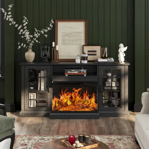 Vista 9 de MXV - Soporte de chimenea para TV de 59 pulgadas, centro de entretenimiento estilo granja con soporte de TV de 3 lados de vidrio, consola multimedia
