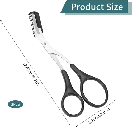 Vista 5 de KALIONE Tijeras profesionales para recortar cejas con peine, acero inoxidable, negro, ambidiestro, borde recto, 2 unidades, perfectas para hombres