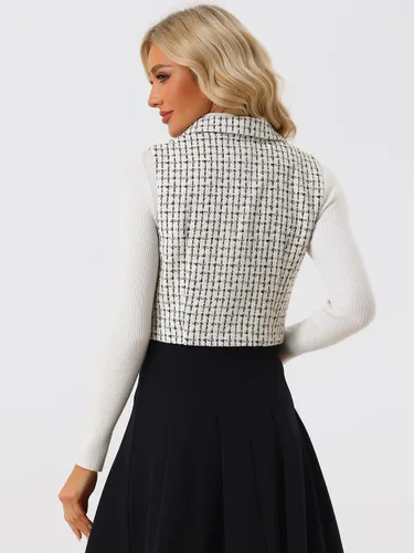 Vista 4 de Allegra K Chaleco a cuadros con solapa con muescas vintage sin mangas Tweed Crop Jacket
