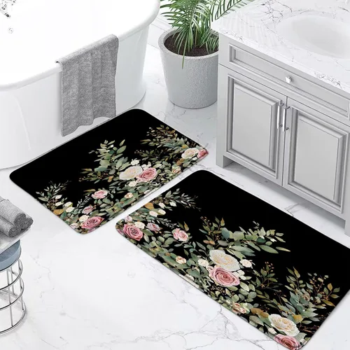 Vista 2 de GCTNBJL Tapete de baño con diseño floral, hojas verdes, flores rosas, bohemio, botánico, tropical, hojas bohemias, plantas, naturaleza negra