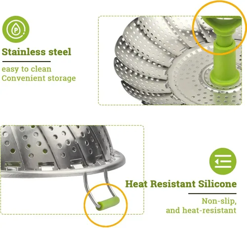 Vista 4 de Cesta de vapor plegable de acero inoxidable (7-11 pulgadas) con mango resistente al calor, ideal para cocinar mariscos, verduras, frutas, expandible