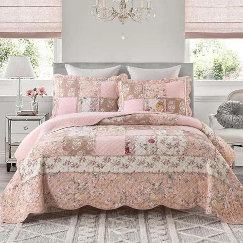 Vista 18 de ABREEZE Juego de edredón de retazos, ropa de cama tamaño Queen, reversible, transpirable, colorido, colcha acolchada floral con fundas de almohada