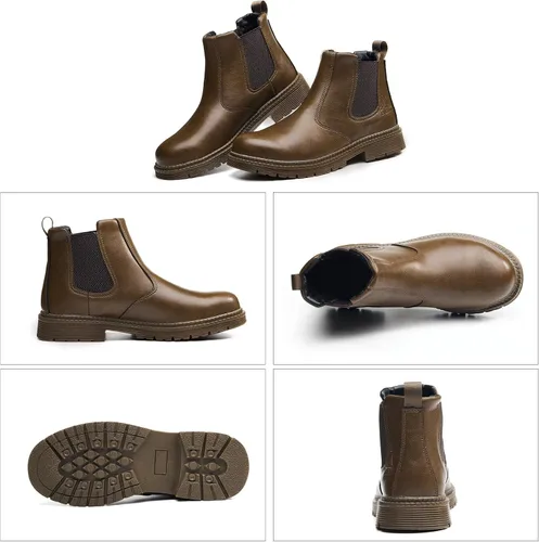 Vista 2 de Botas con punta de acero para hombres y mujeres, botas de trabajo sin cordones para la construcción Caqui