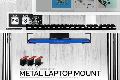 Vista 8 de Soporte para laptop debajo del escritorio para escritorio, adhesivo y atornillado, dispositivos de hasta 1.5 pulgadas de grosor como Macbooks