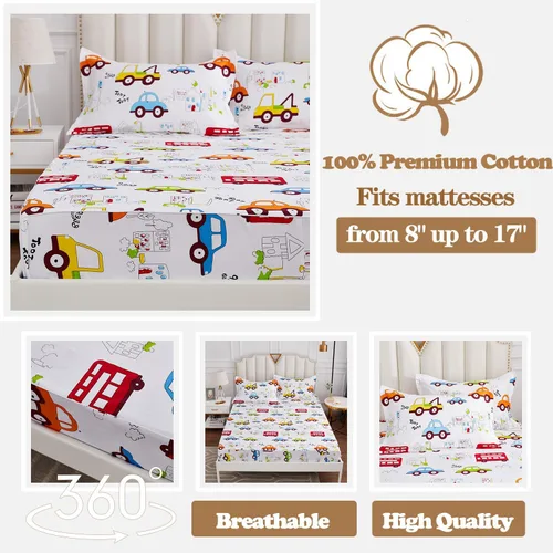 Vista 10 de Brandream Juego de sábanas de algodón de 4 piezas para niños, tamaño Queen, diseño de coches y camiones