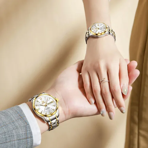 Vista 22 de OLEVS Reloj para parejas para él y ella, reloj analógico de cuarzo para hombres y mujeres, de acero inoxidable, impermeable, luminoso, fecha, reloj