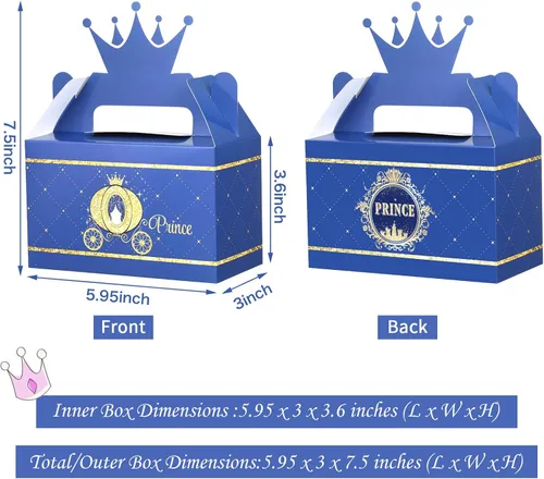 Vista 2 de Caja de premios con corona de príncipe para fiesta, caja de dulces azules y dorados, suministros de fiesta para baby shower, decoración