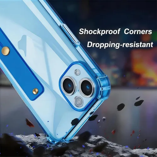 Vista 6 de Funda compatible con iPhone 15 con soporte para correa, color azul, soporte de pulsera, TPU suave transparente, bucle de agarre ajustable