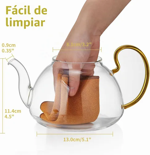 Vista 5 de Tetera de vidrio de gran capacidad con infusor extraíble, apta para estufa, vidrio de borosilicato grueso resistente al calor, 46 onzas líquidas