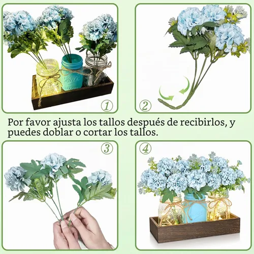Vista 2 de BLEUM CADE Decoración de mesa de centro de mesa, 3 piezas de flores artificiales de hortensias en frascos Mason con bandeja de madera para mesa