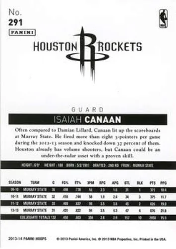 Vista 2 de 2013-14 NBA Hoops Gold Border Parallel #291 Isaiah Canaan Houston Rockets RC Rookie Official Panini Basketball Trading Card