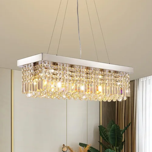 Vista 12 de 7PM Candelabro de cristal dorado moderno rectangular candelabros para comedor, lámpara colgante rectangular para isla de cocina y dormitorio, 31.5