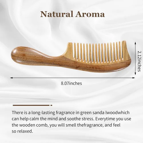 Vista 3 de Peine de pelo de sándalo verde natural, calidad premium, antiestático, desenredante natural, mango redondo grueso, para la salud del cabello