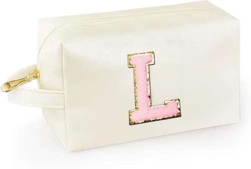 Vista 8 de Bolsa de maquillaje personalizada con inicial con asa, bolsa de cosméticos de preparación con bolsillo interior con cremallera, 8, 9, 10, 11, 12 Rosa