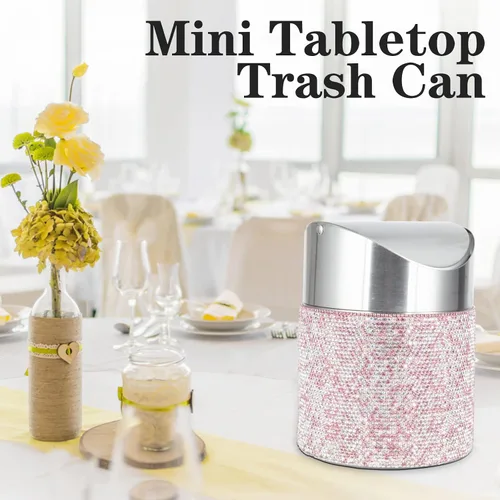 Vista 6 de KEYPOWER Mini basurero con diamantes de imitación con tapa abatible de acero inoxidable, adecuado para encimera, automóvil, mesa (rosa)