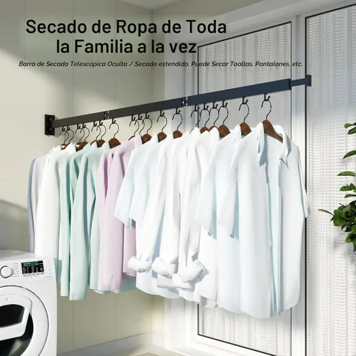 Vista 7 de HEILAIYI Estante de Secado de Ropa para Lavandería, Perchero de Ropa Montado en la Pared, Plegable, Retráctil, Plegable (Con Ganchos en Forma de J)