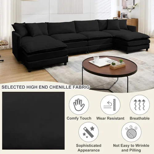 Vista 8 de Sofá modular convertible seccional, sofá de 4 asientos en forma de L con diván reversible, sofá de nube de asiento profundo, sofá cama 3 en 1, tela