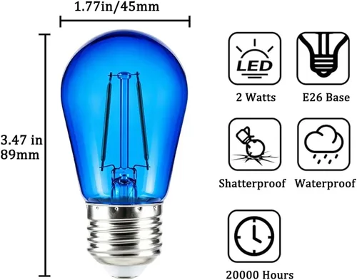 Vista 2 de Bombilla azul S14 de plástico de 2 W LED de repuesto para luces de cadena de luces interiores y exteriores, inastillable, base E26, filamento E26