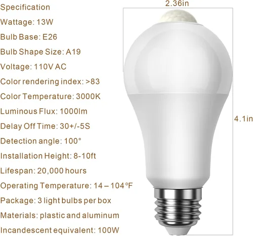 Vista 4 de 7117 - Bombillas con sensor de movimiento, 13 W (equivalente a 100 W), LED activadas por movimiento, del anochecer al amanecer, foco de seguridad