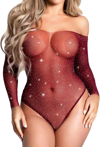 Vista 16 de RSLOVE Lencería de Malla con Cuerpo de Red para Mujer, Sexy con Diamantes de Imitación y Malla, Lencería Teddy Negro