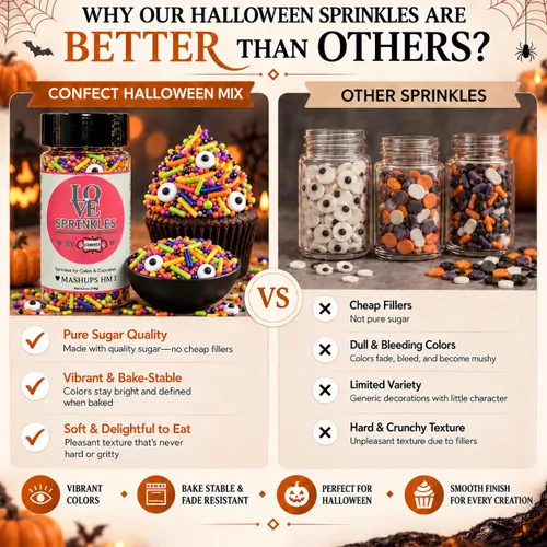 Vista 6 de Confect Mezcla de espolvorear de Halloween – Bolas de discoteca blancas, naranjas, moradas, negras y verdes, ojos de caramelo y jimmies – Gránulos
