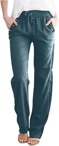 Vista 11 de Casual Pants for Women Summer Solid Color Drawstring Elastic Waist Pants Baggy Straight Leg Long Trouser with Pocket